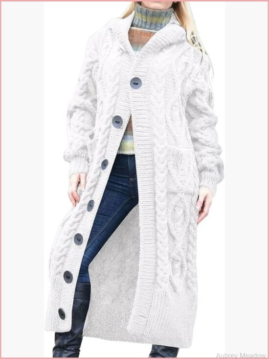 Sweaters - Long Sleeve Hooded Cardigan Chunky Cable Knit Plus Size Over Knee Duster Coat